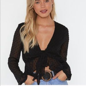 Cropped black sheet Swiss dot tie blouse